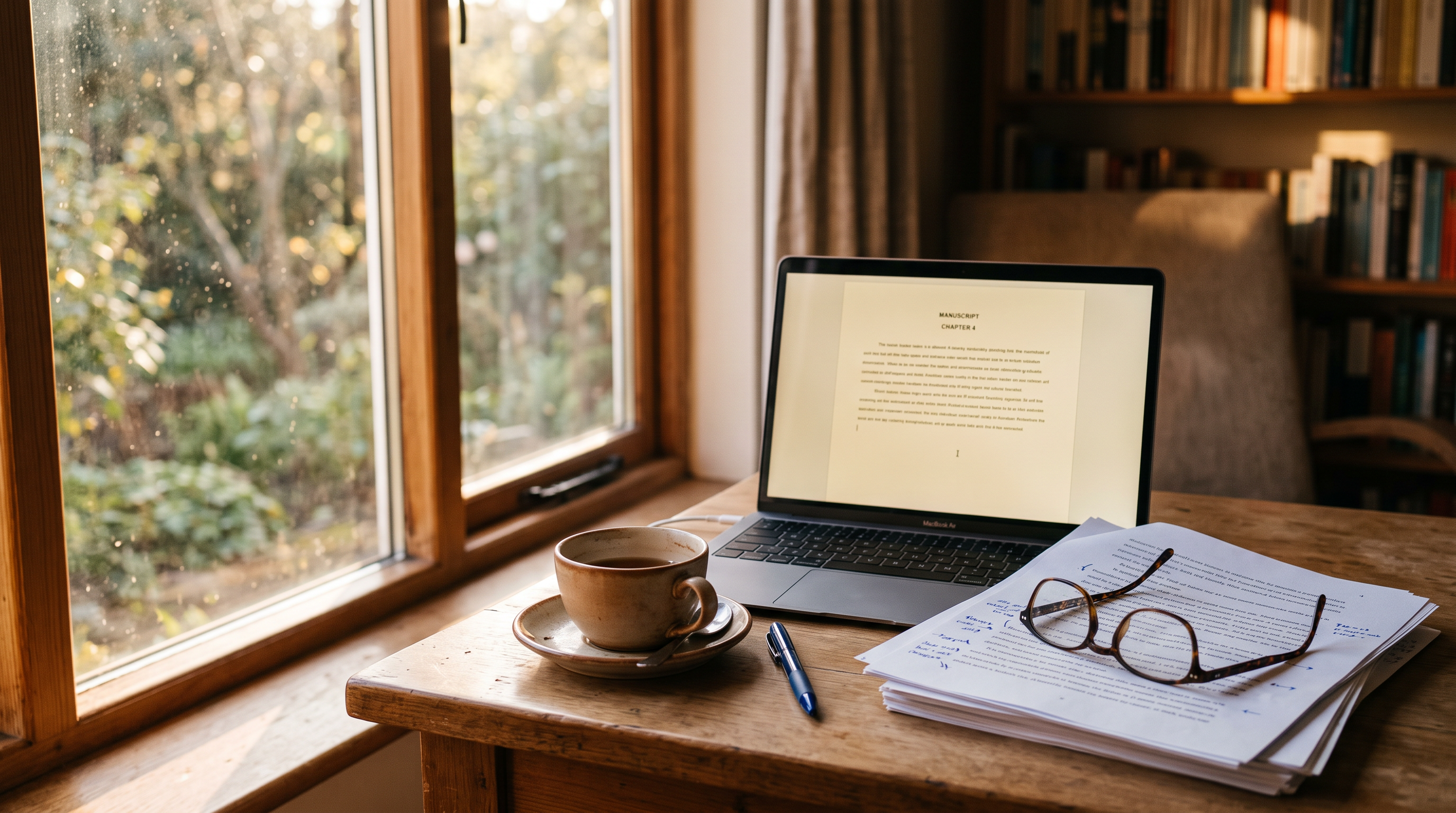 A laptop on a wooden desk beside printed manuscript pages with pencil notes, lit by warm afternoon sunlight from a window.