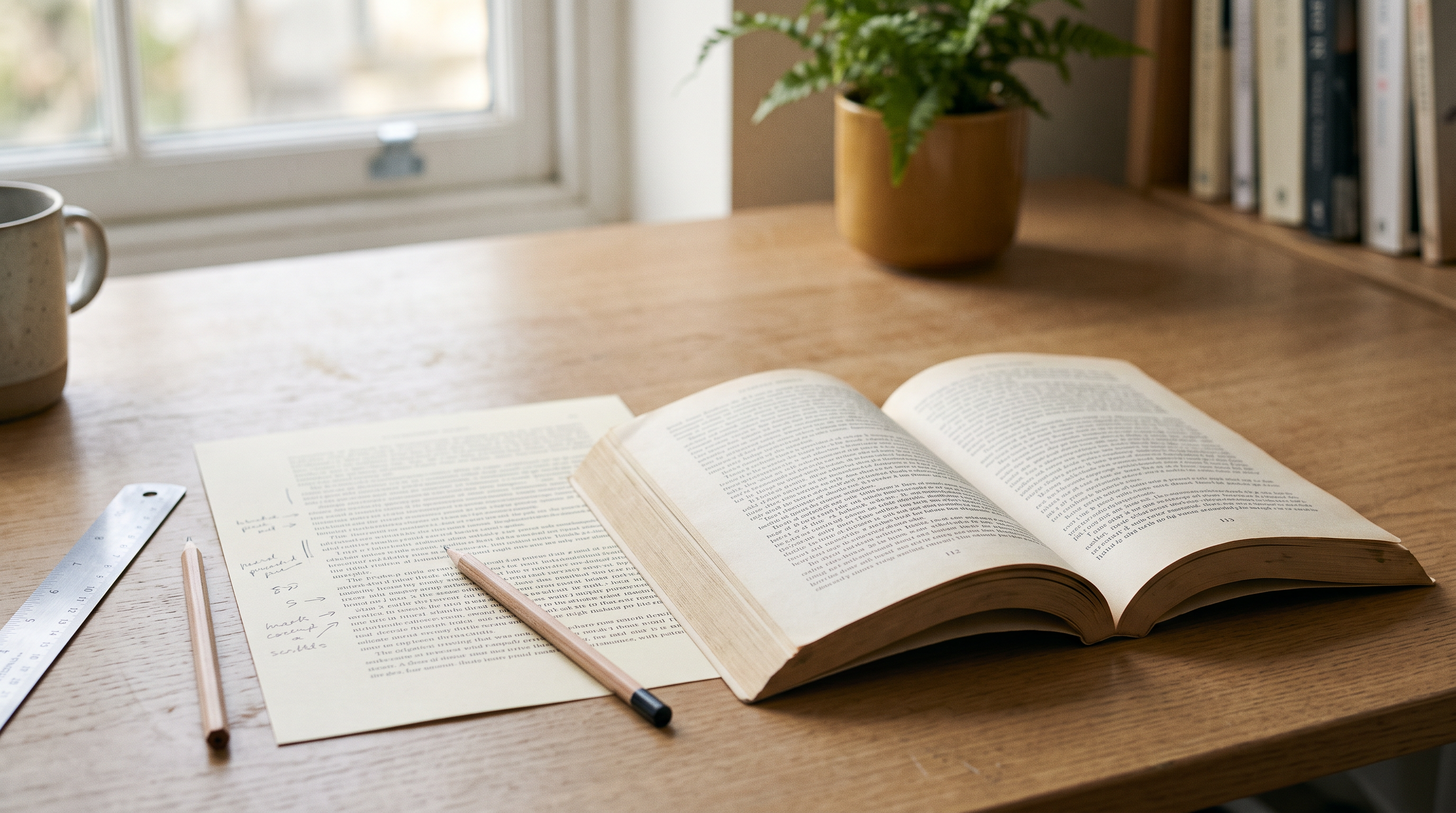 An open paperback on a desk beside a steel ruler and a printed proof page with pencil marks in the margin.