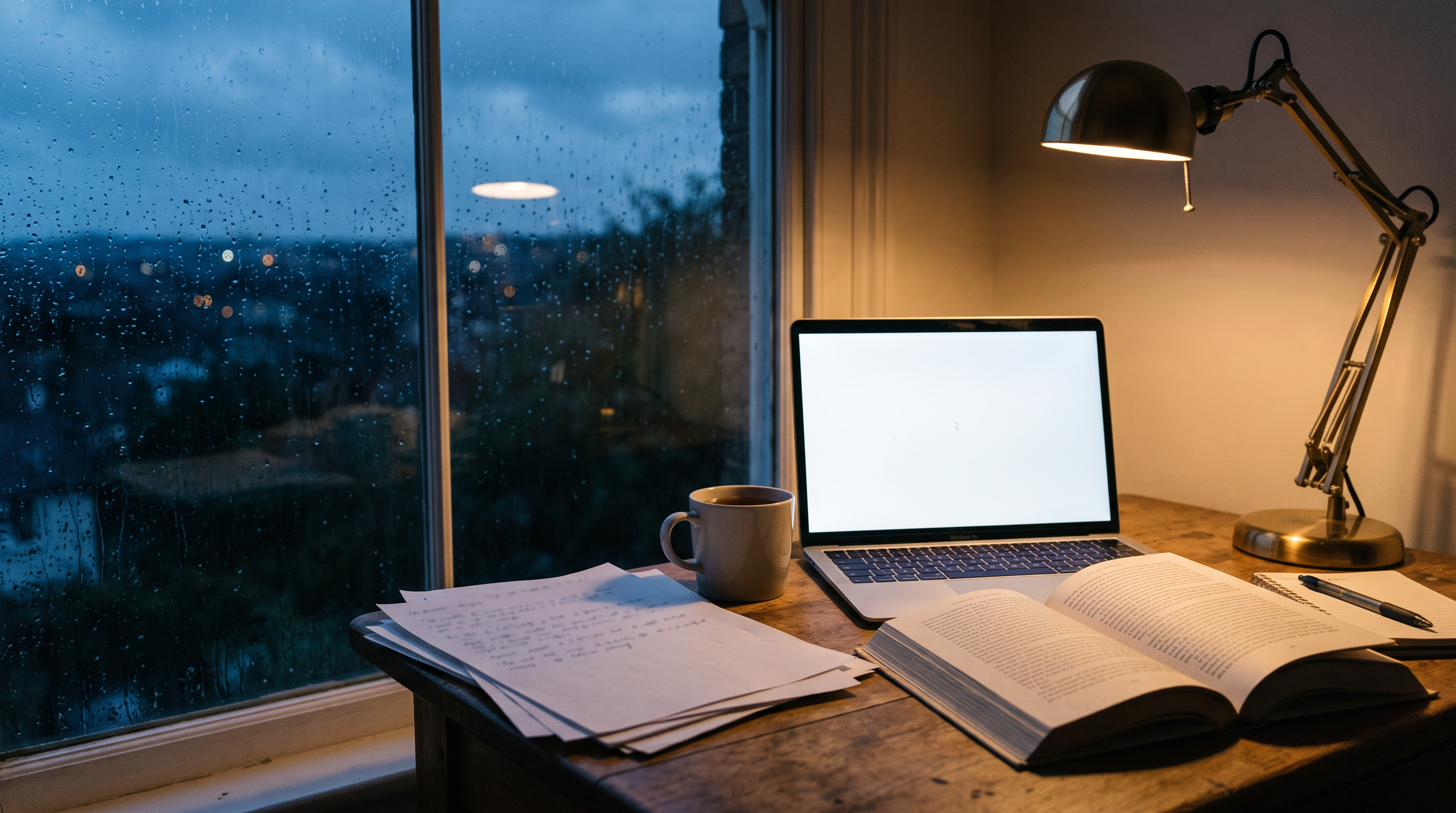 An open paperback lying beside a laptop on a desk, with rain on the window and warm lamplight across the pages.