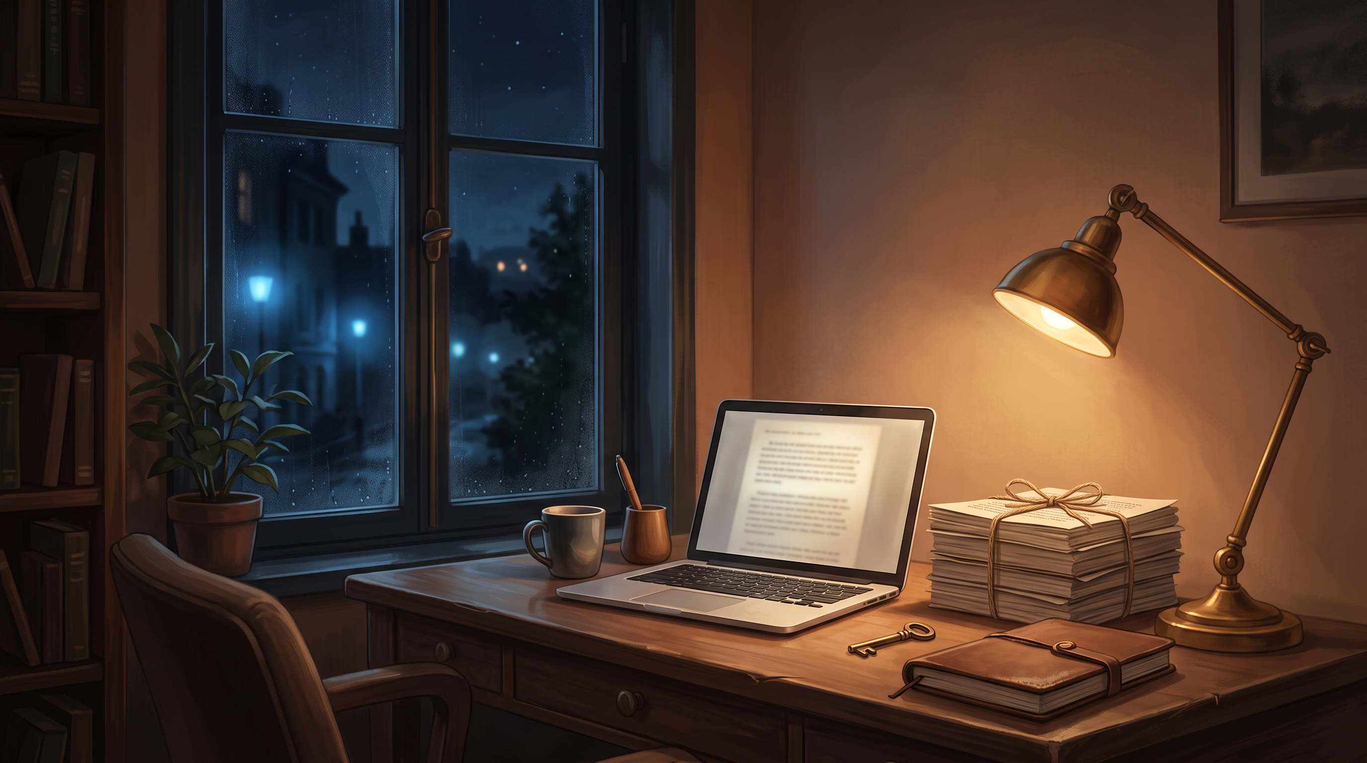 A warm lamplit desk with an open laptop, stacked printed chapters tied with string, and a brass key on a notebook beside a window.