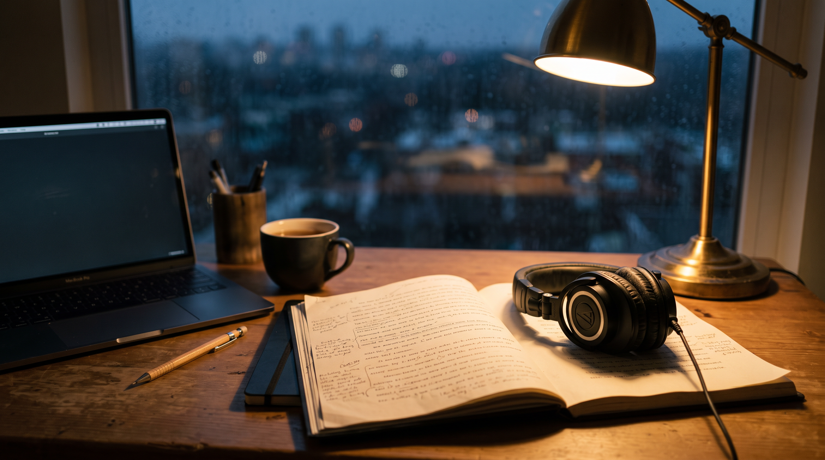 Headphones resting on an open manuscript beside a lamp, with pencil notes in the margins and a laptop dimmed in the background.