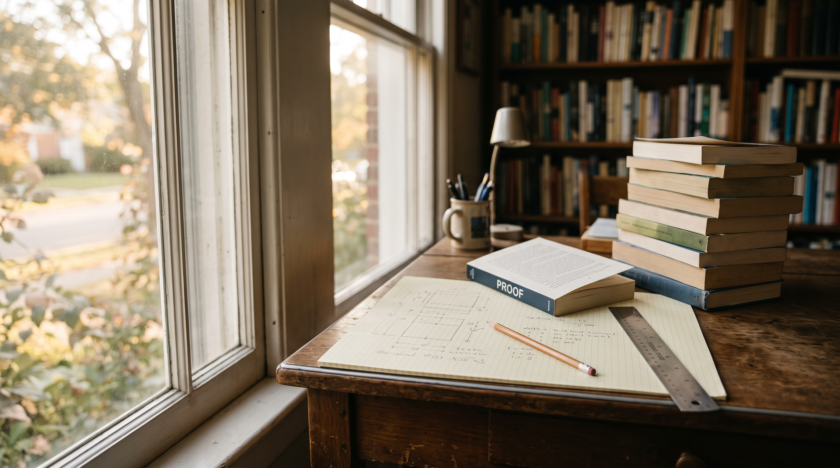 A stack of paperback proofs beside a ruler and pencil on graph paper, in soft window light.