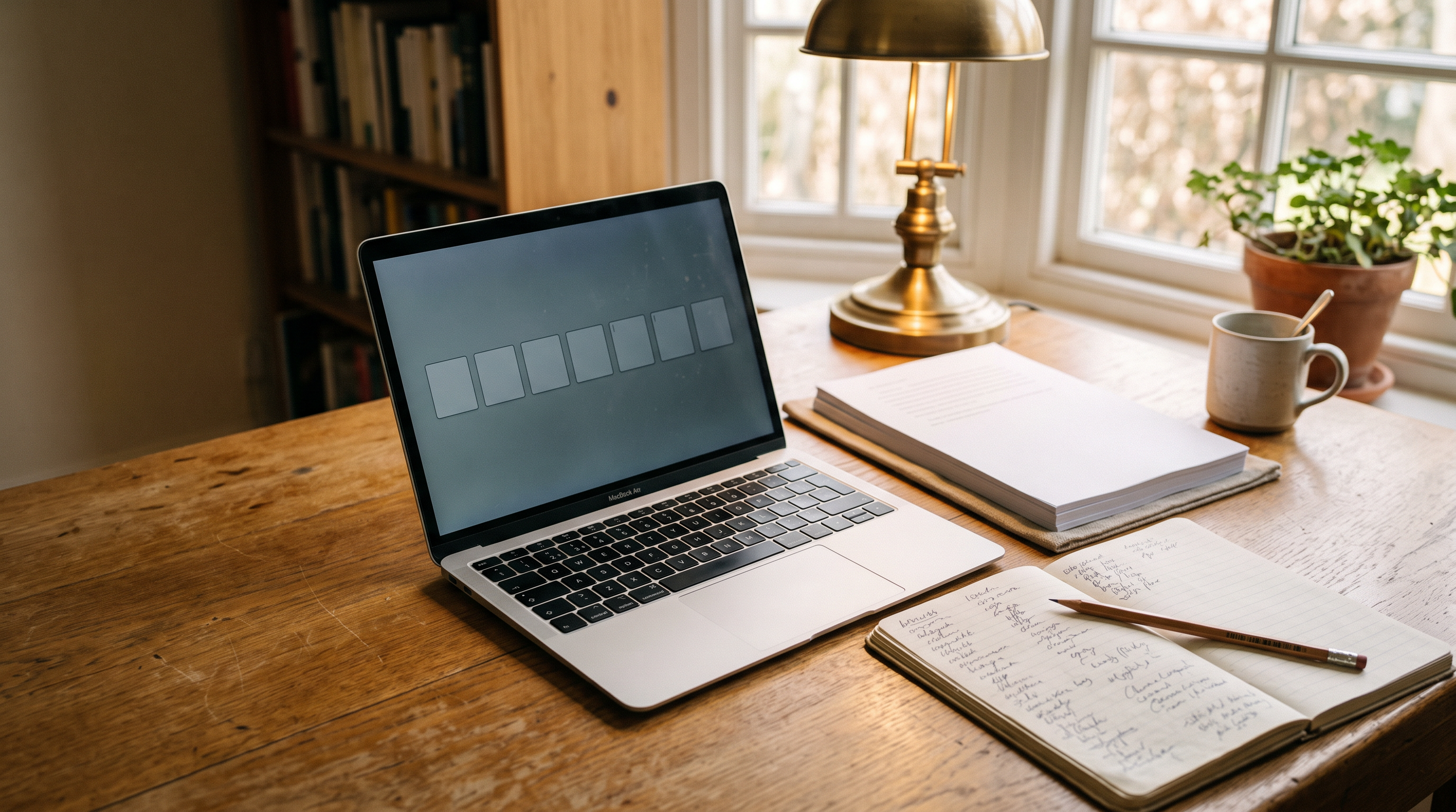 A sunlit wooden desk with an open laptop, a stack of manuscript pages, a brass lamp, and a notebook of handwritten word lists.