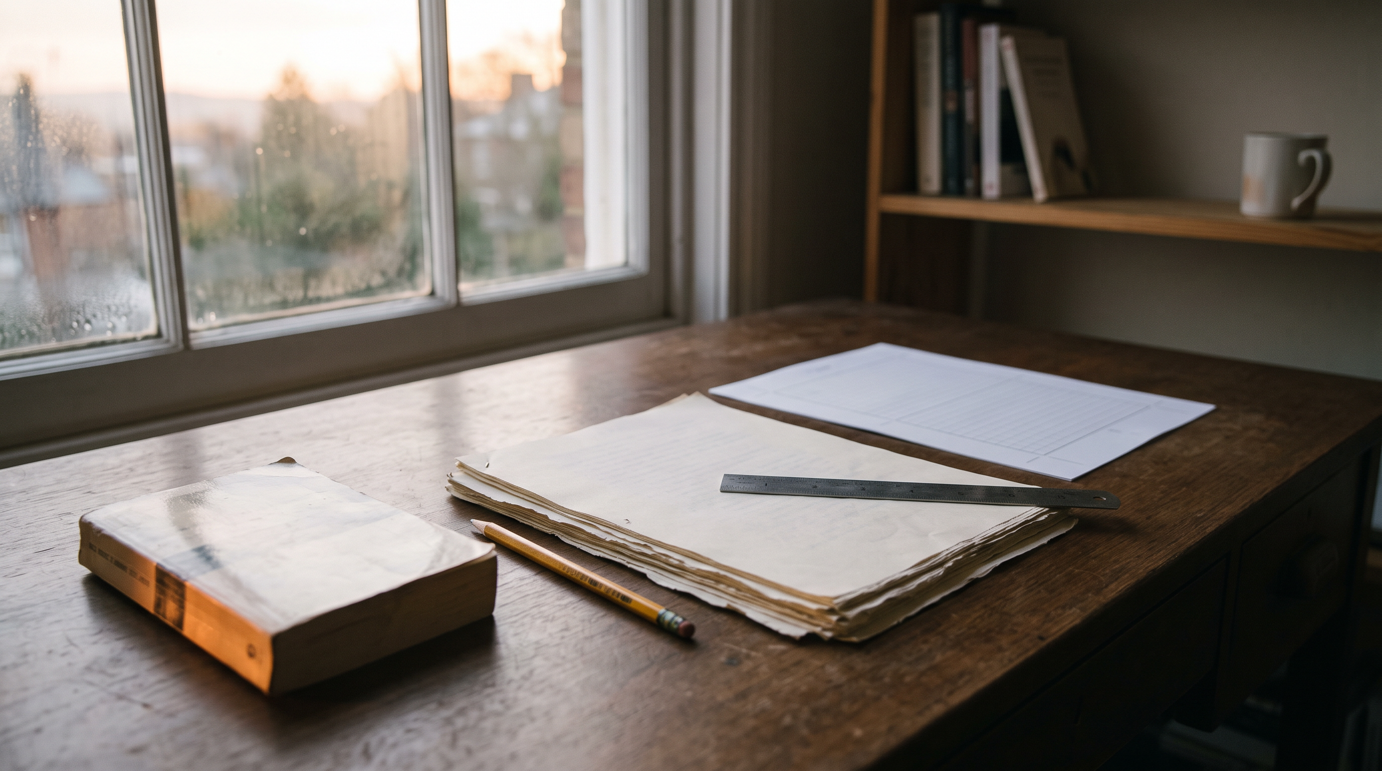 A stack of loose manuscript pages beside a ruler, pencil, and paperback on a desk in soft morning light.