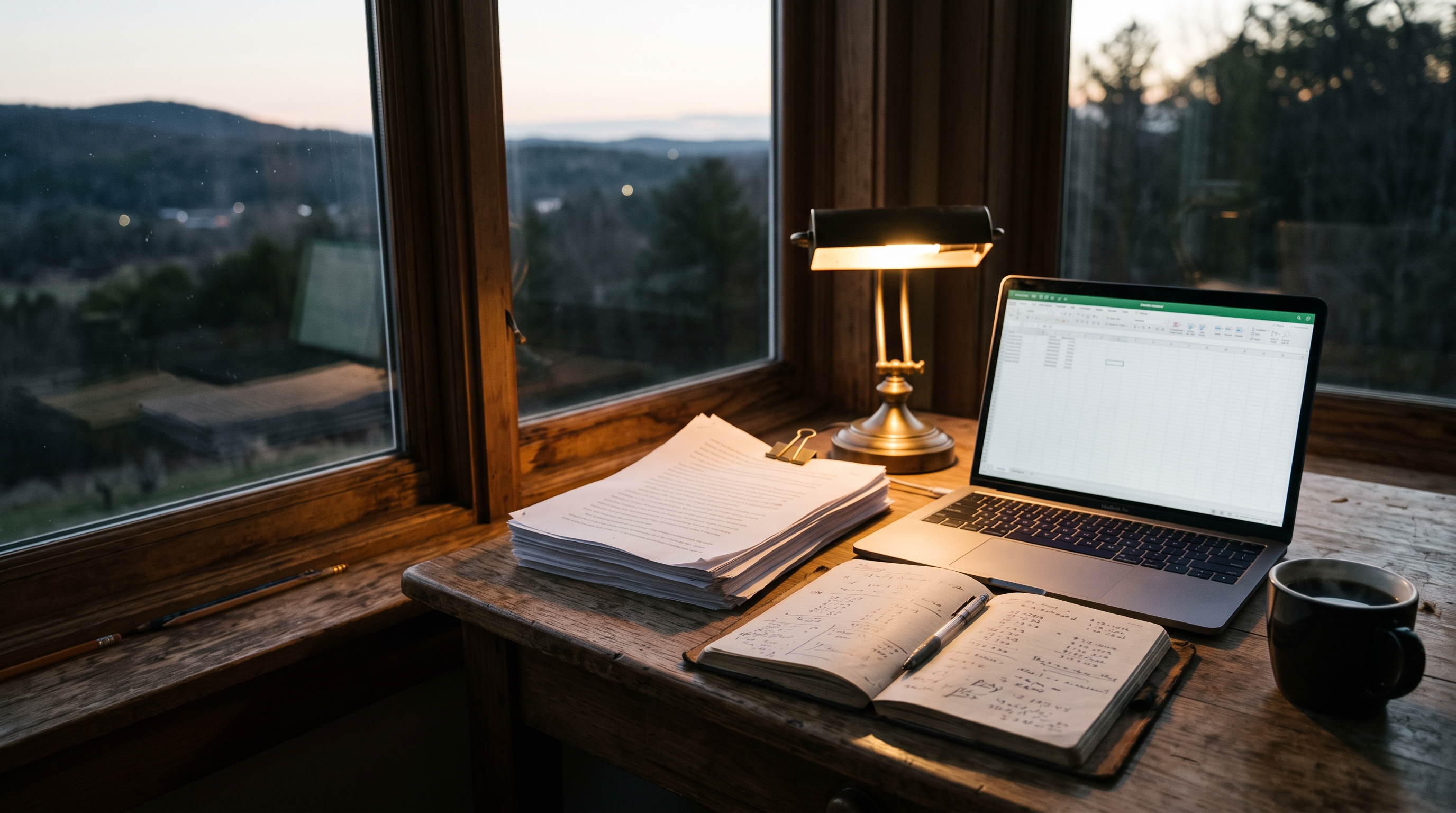 A wooden desk at dawn with a laptop, a stack of manuscript pages, and a lamp lighting a notebook of handwritten figures.