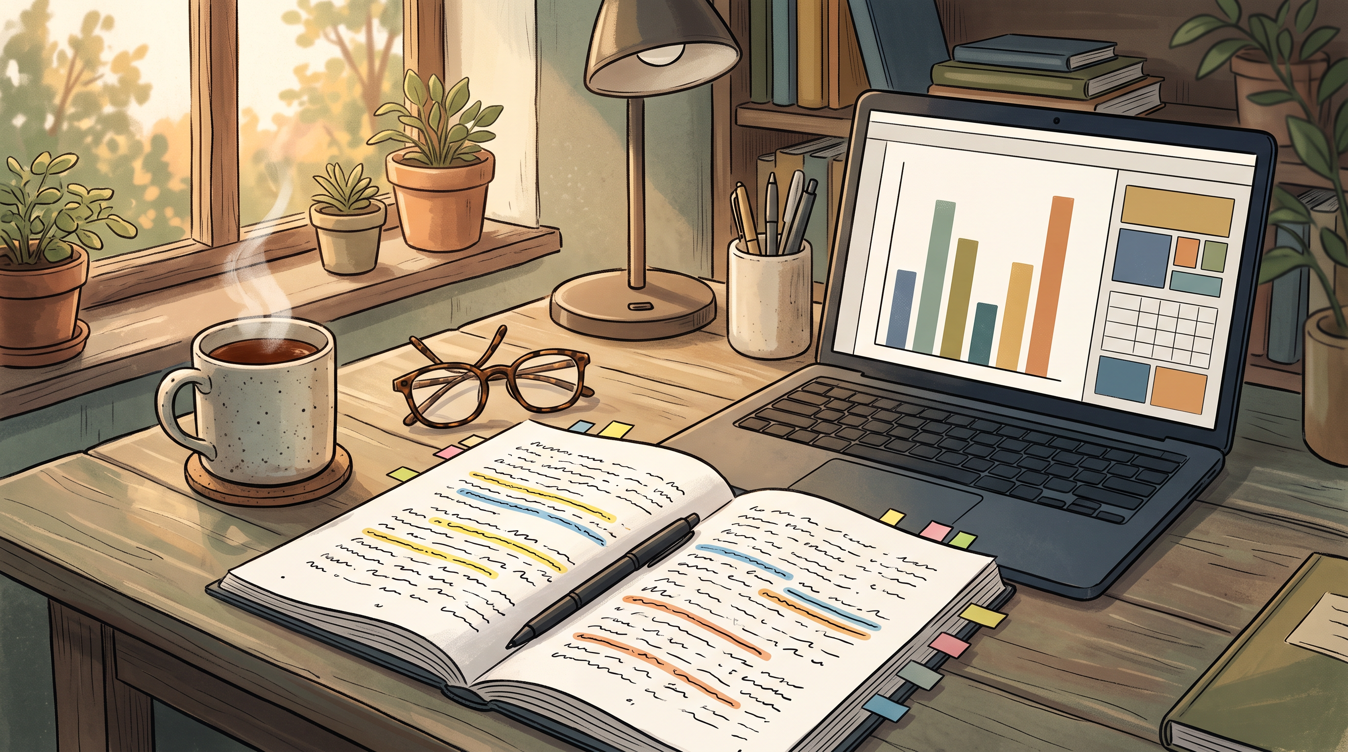 A desk with a marked-up printed manuscript, highlighters, sticky flags, tea and a laptop in warm afternoon light.