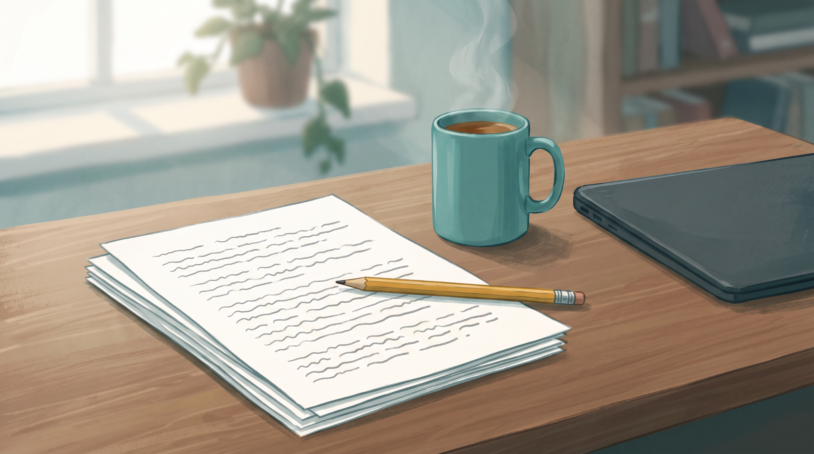 A tidy desk with a stack of double-spaced manuscript pages, a pencil, a mug of tea and a closed laptop in soft window light.