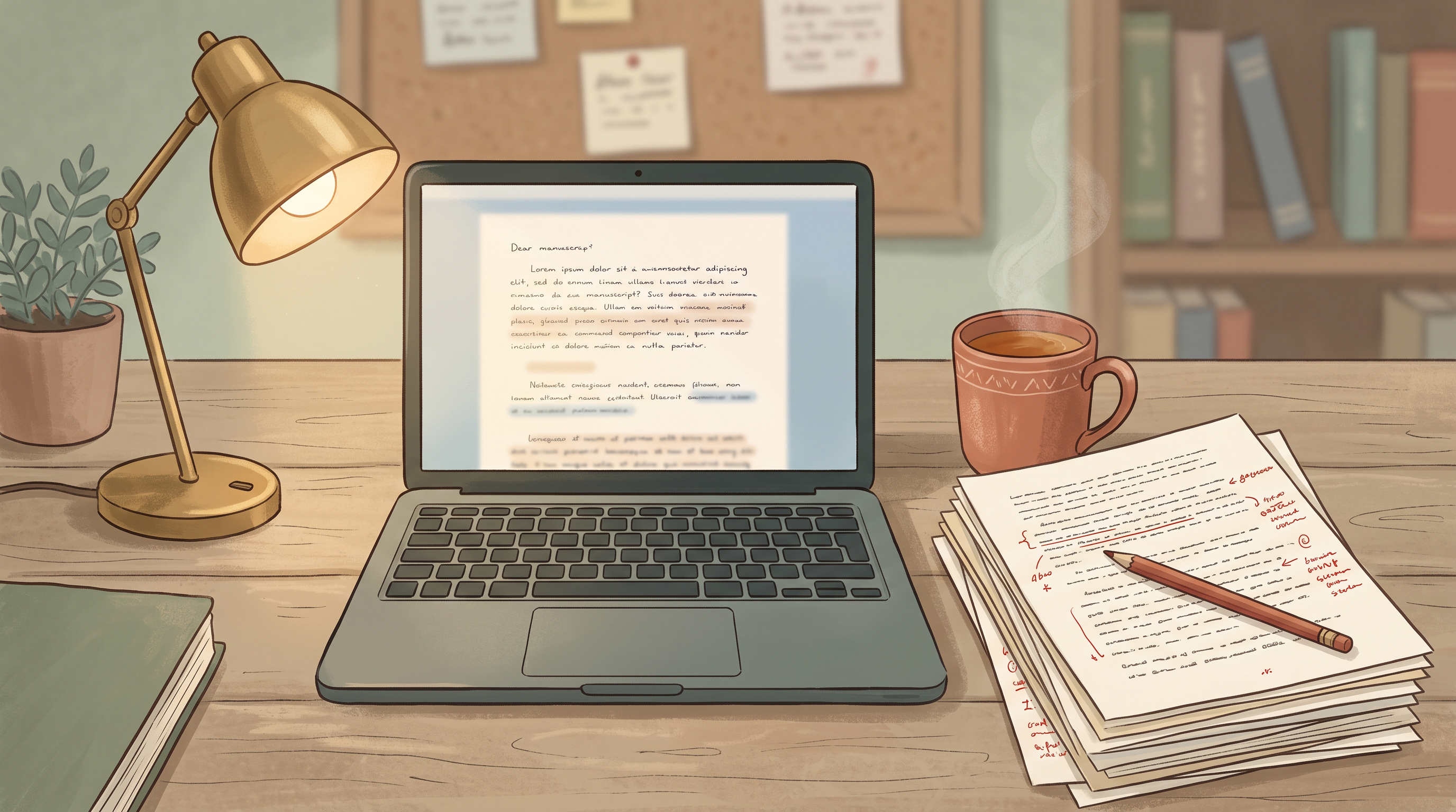 A tidy writing desk with a laptop, a stack of pencil-marked manuscript pages, a red pencil and a mug of tea.