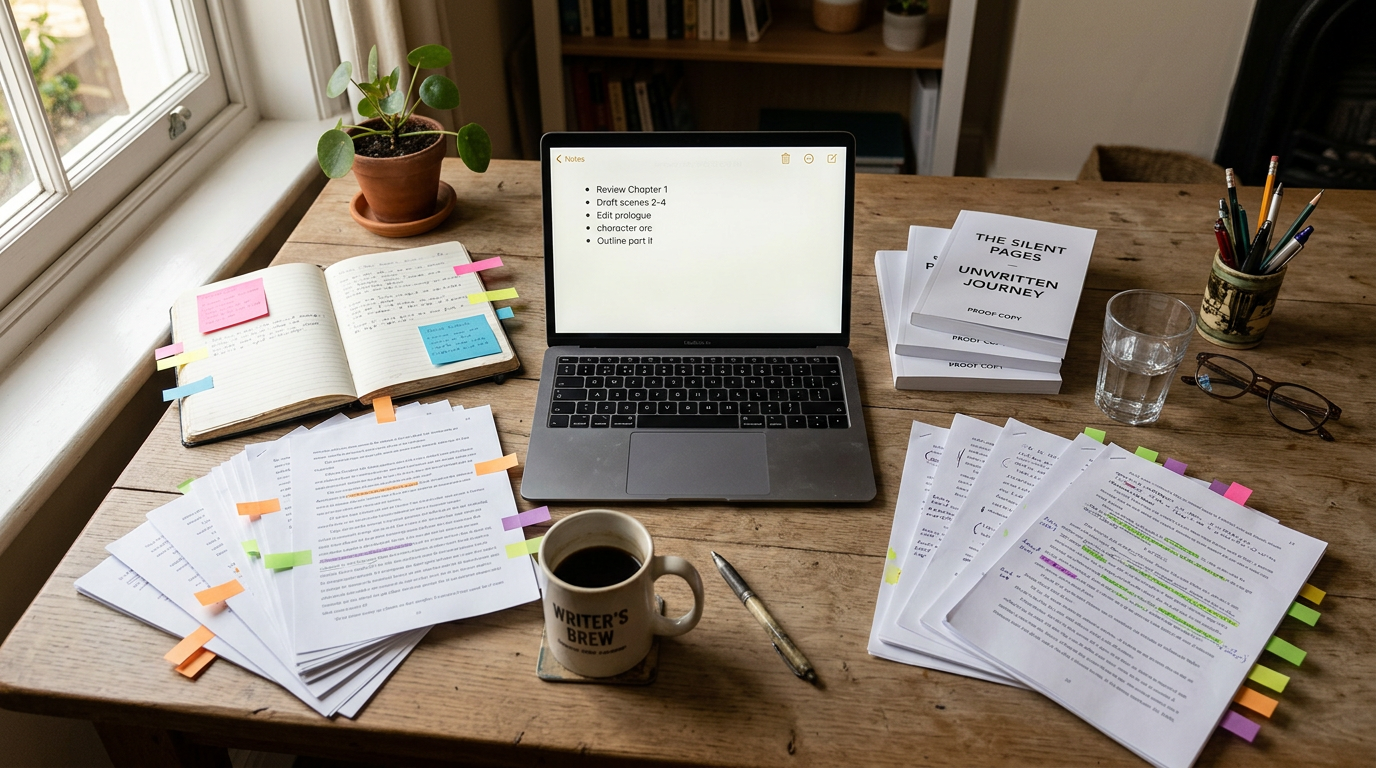 A writer's desk with an open notebook displaying a to-do list, laptop showing a task manager, and multiple books on a shelf, lit by soft morning light.