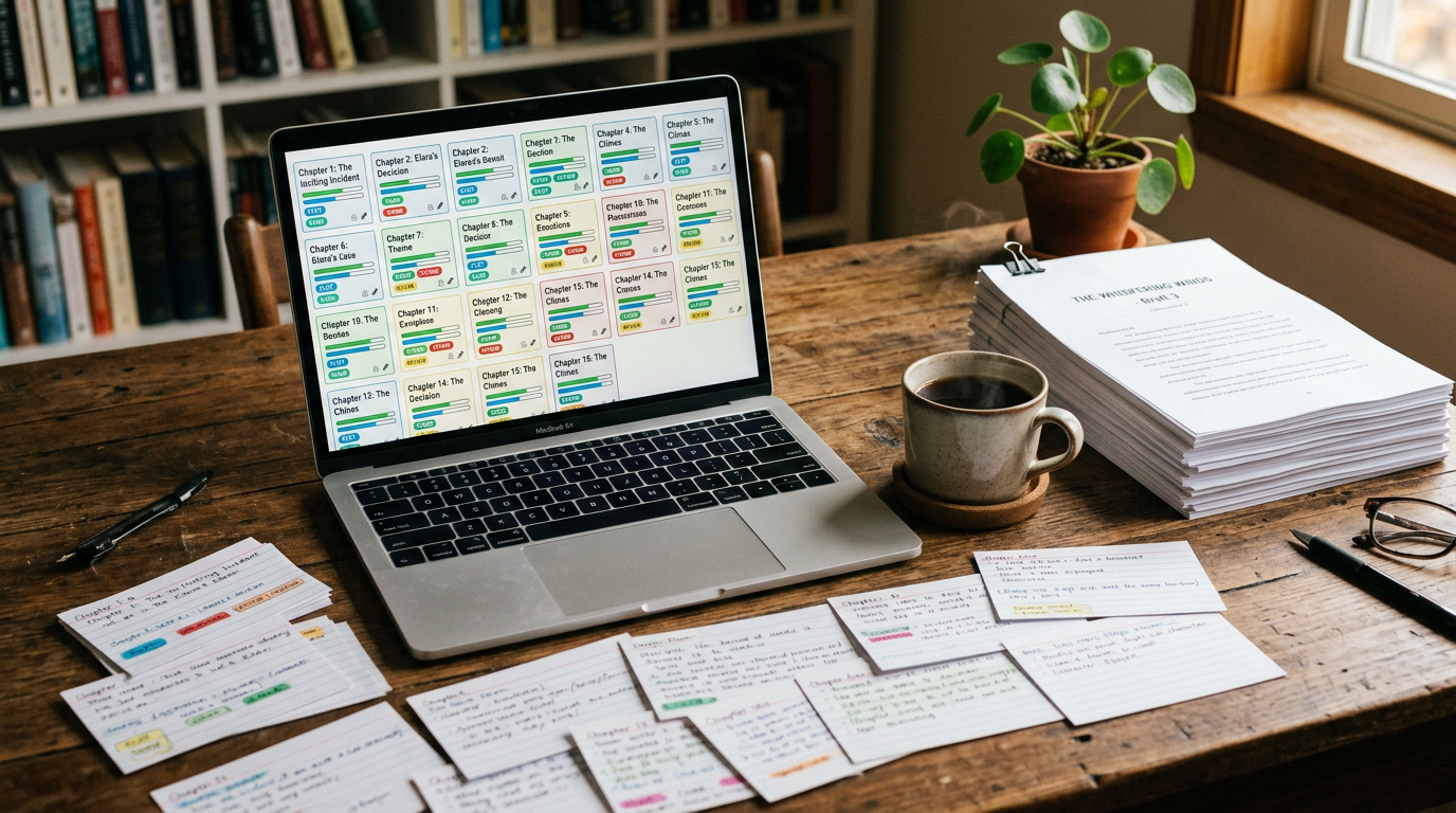 An author views a colorful chapter-planning grid on a monitor beside manuscript pages and index cards.