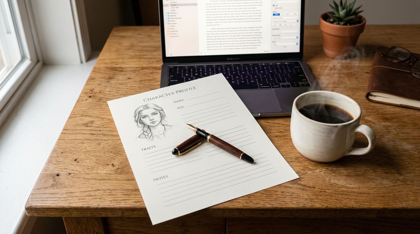 Printed character reference sheets beside a manuscript notebook, pencil, paper clips, and coffee on a writer's desk.