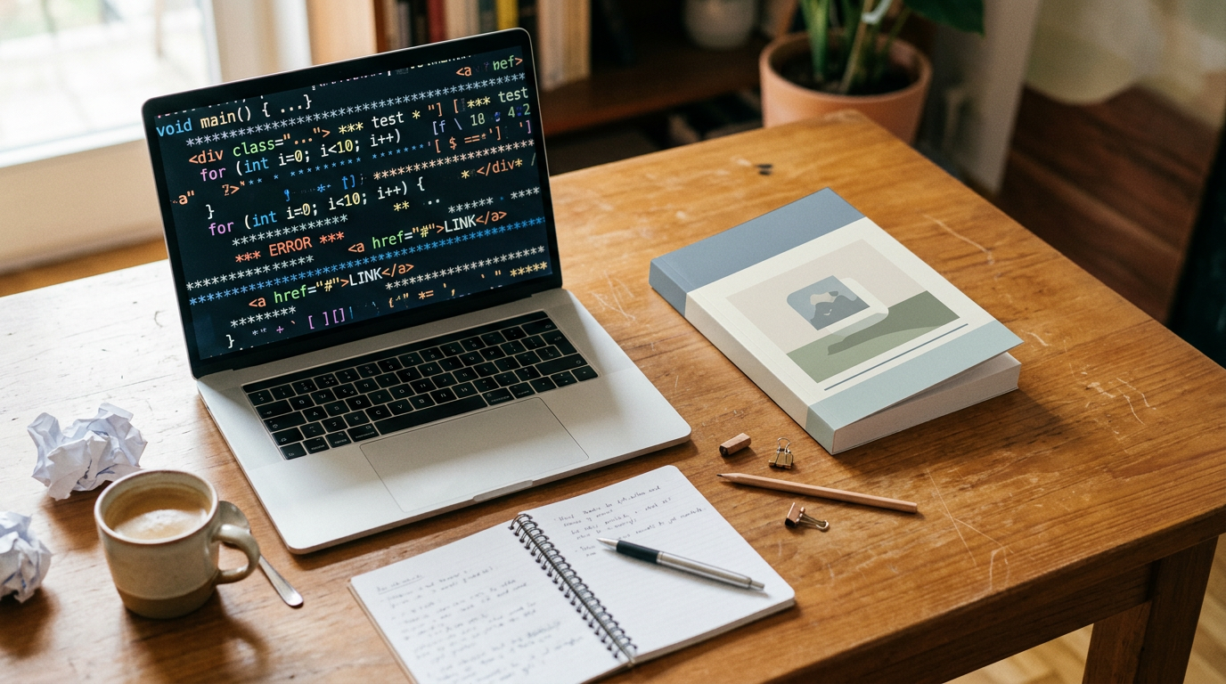 An author reviews book description formatting on a laptop beside a paperback proof and notebook.