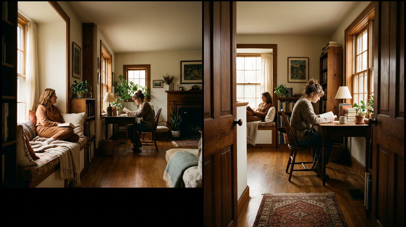 Split view of the same room from two different perspectives, showing how the same space and moment shift when seen through different eyes.