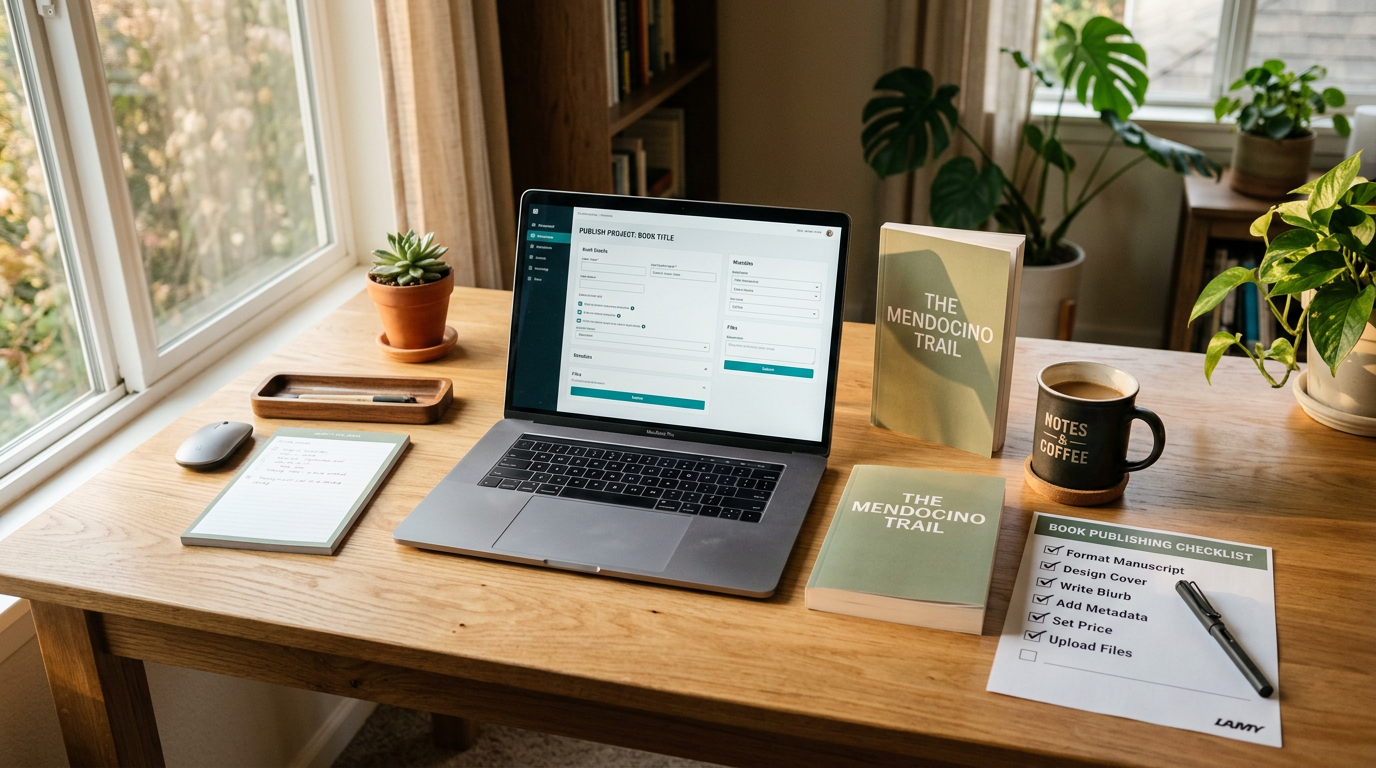 A laptop on a desk displaying a publishing interface, with a printed book mockup and checklist nearby in warm natural light.