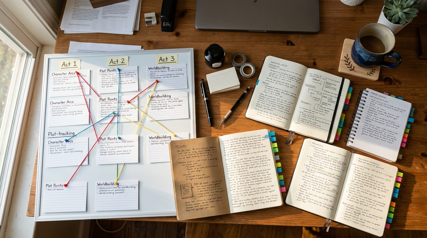 Overhead view of a writer's desk with organized notebooks, plot cards connected by strings, and color-coded sections representing different story threads.