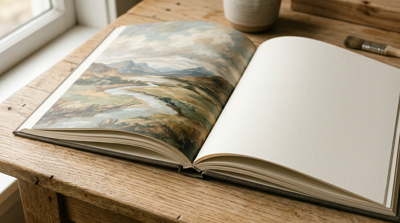An open art book shows a full-page color illustration on one side and blank cream paper on the other, backlit by soft studio light.