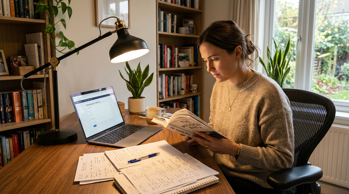 A reader at a desk with a book and laptop in a home office, representing the work of ARC beta readers providing feedback.