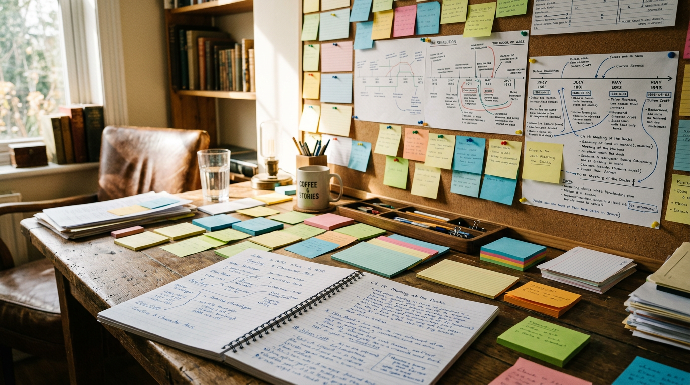 Index cards and notes pinned to a cork board with timelines and character names written by hand.