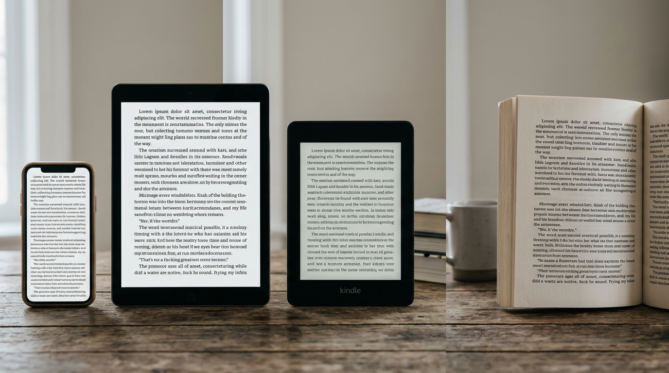 The same text page displayed across four devices showing different layouts, margins, and line breaks.