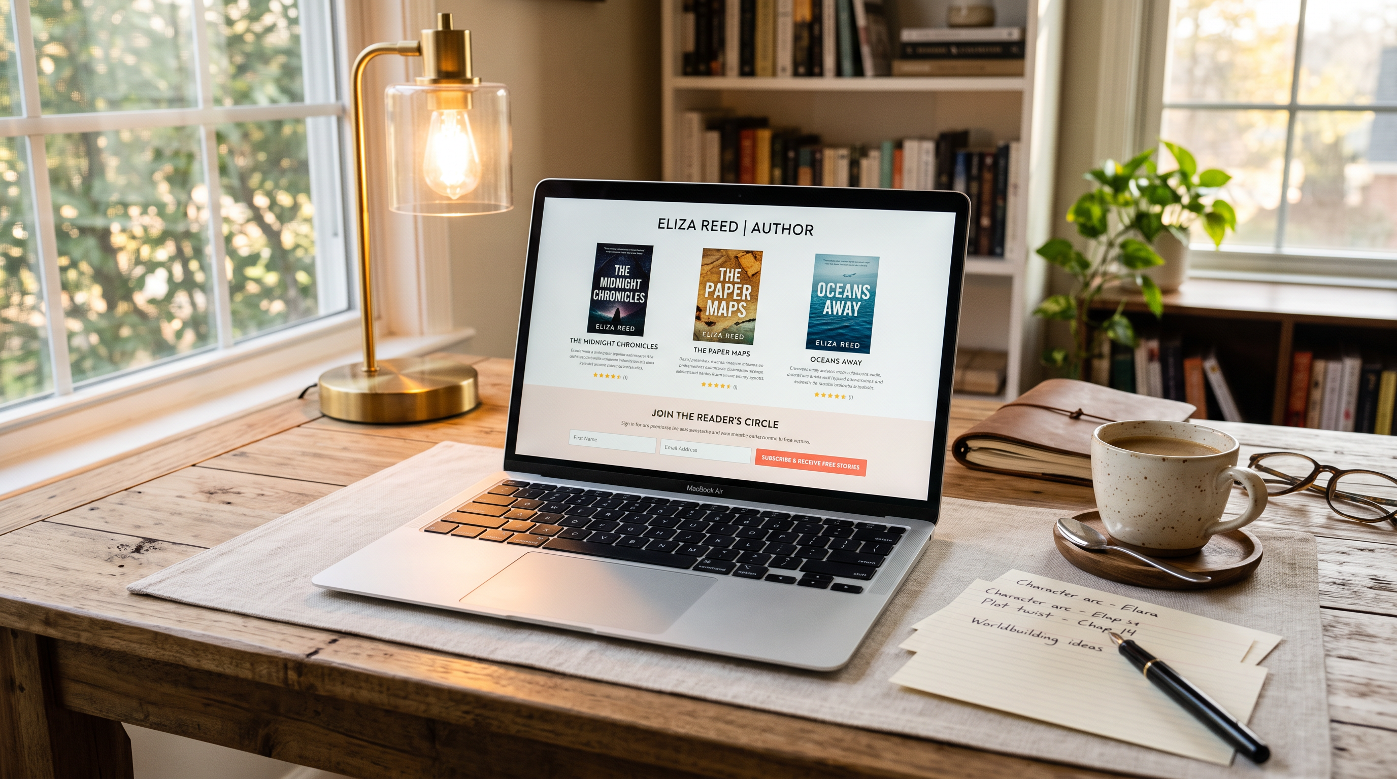 A laptop on a desk shows an author catalog page on its screen, surrounded by coffee, lamp, and writing notes in natural light.