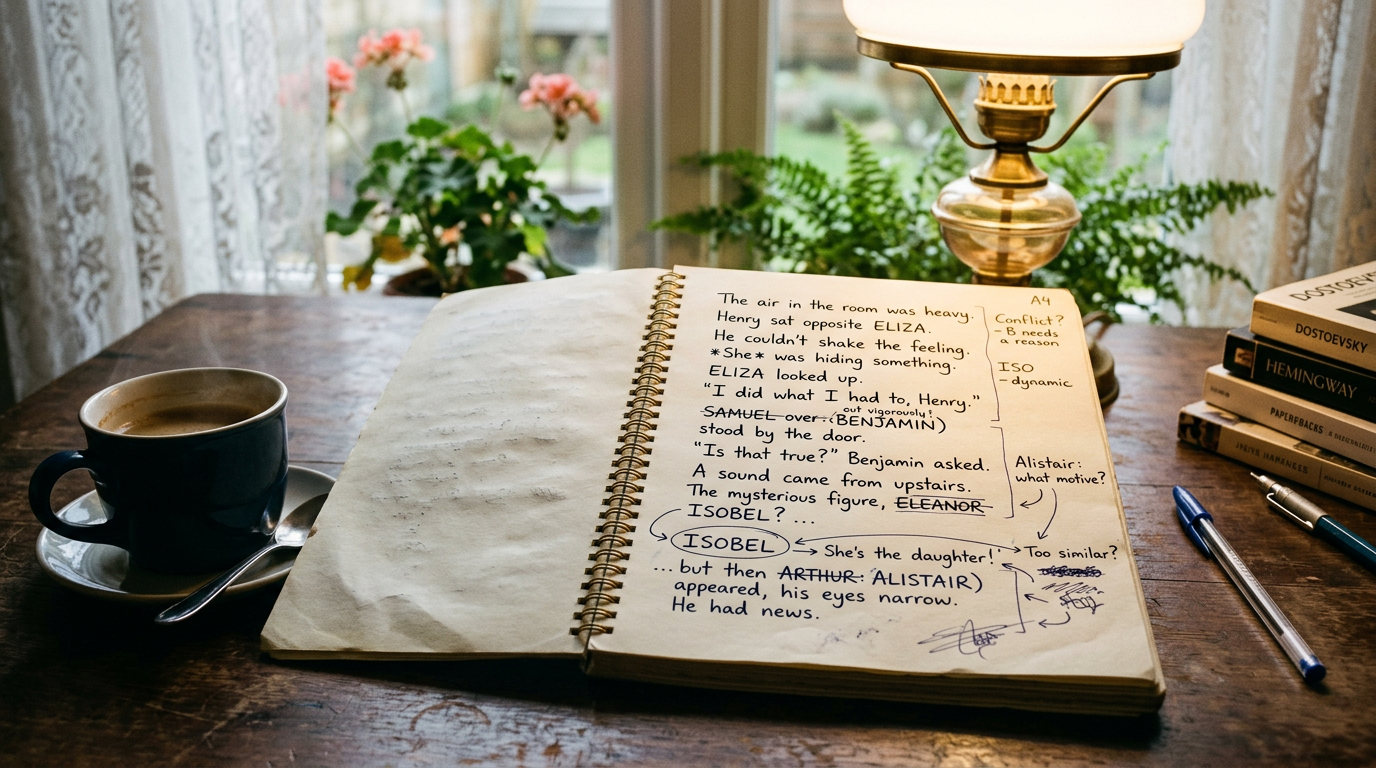 A manuscript page with character names written by hand, some circled and annotated, sits on a desk under warm lamp light.