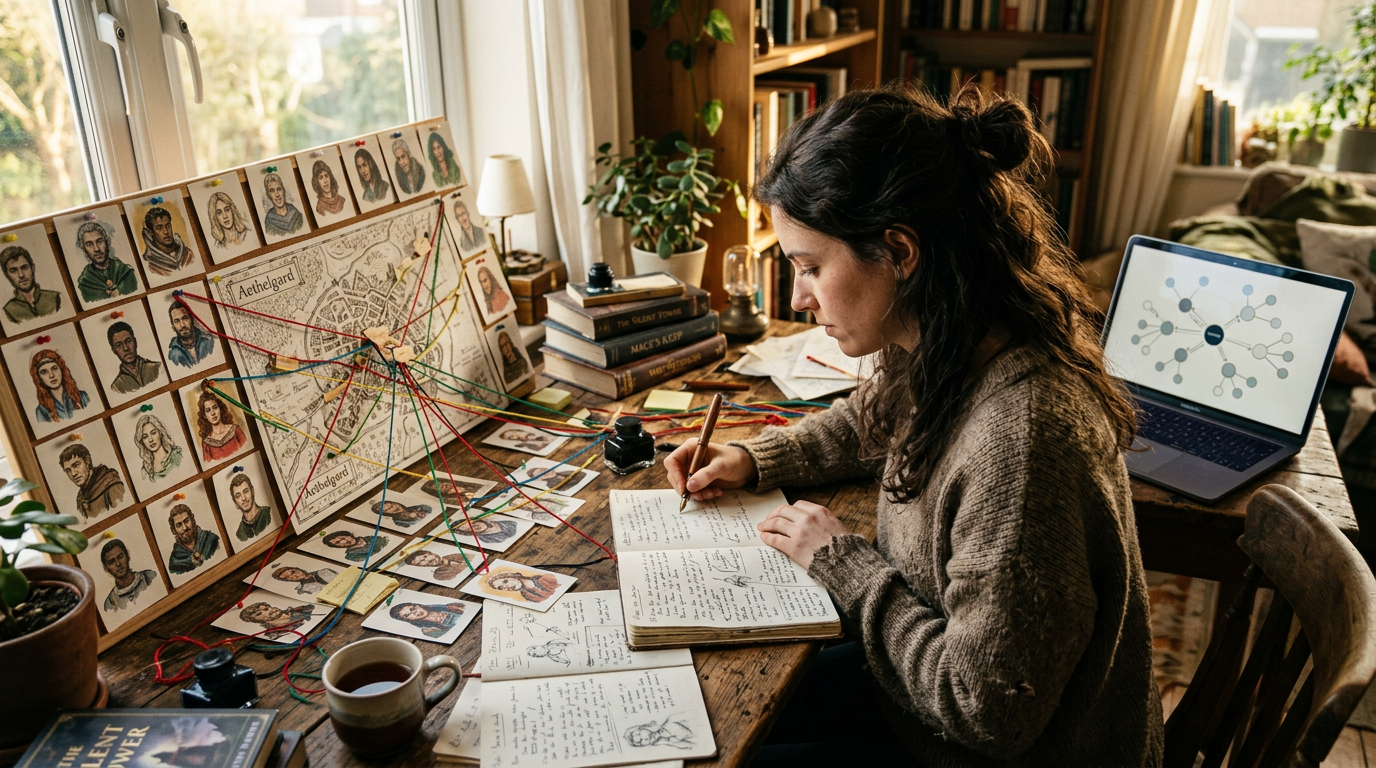Writer's desk with character cards, a town map, and colored threads linking story notes.