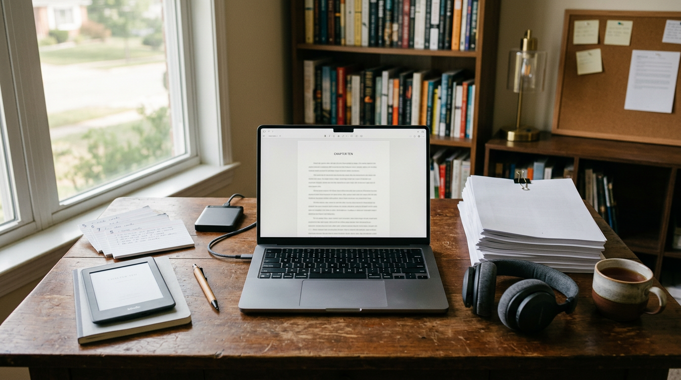 Laptop, e-reader, printed proof pages, headphones, and an external drive arranged on an author’s desk.