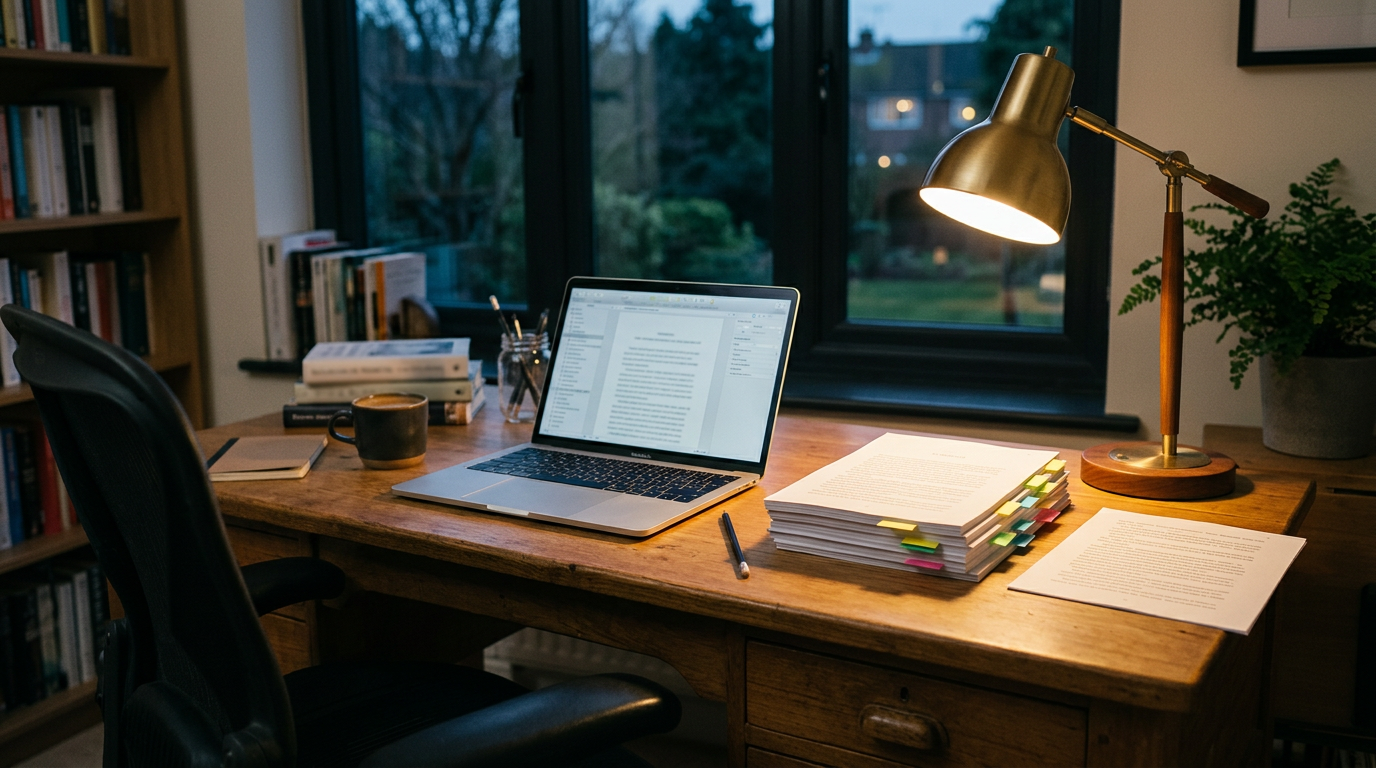 A laptop and organized manuscript pages on a warmly lit desk, with an alternate chapter page beside the main draft.