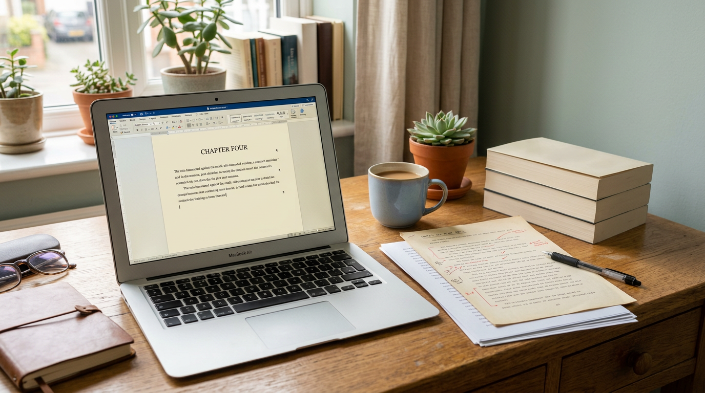 Laptop showing organized manuscript pages beside an older printed manuscript in a warmly lit writing workspace.