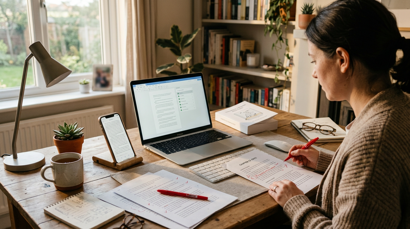 An author reviews manuscript pages beside a laptop, phone, red pen, and paperback proof at a home office desk.