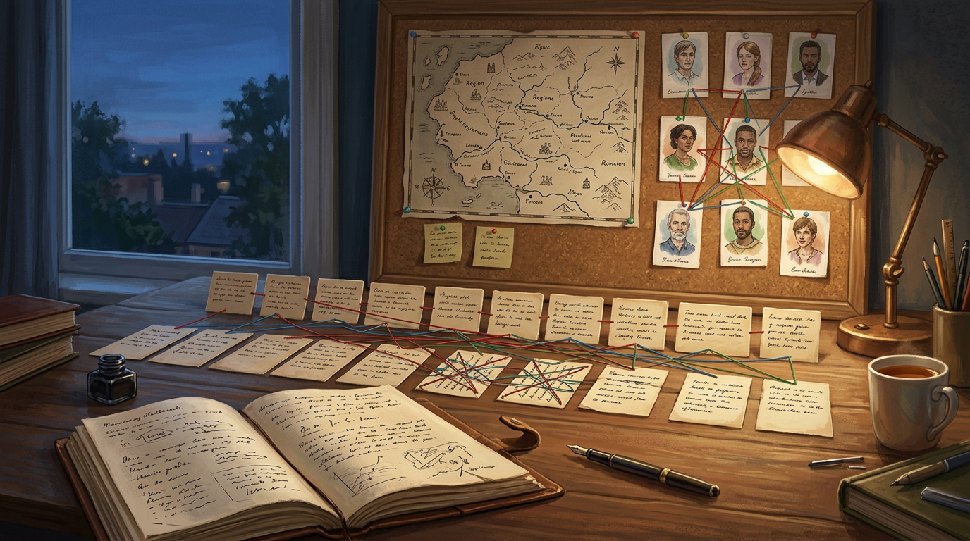 A writer's desk with event cards, connecting thread, an open notebook, and a corkboard map in warm lamplight.