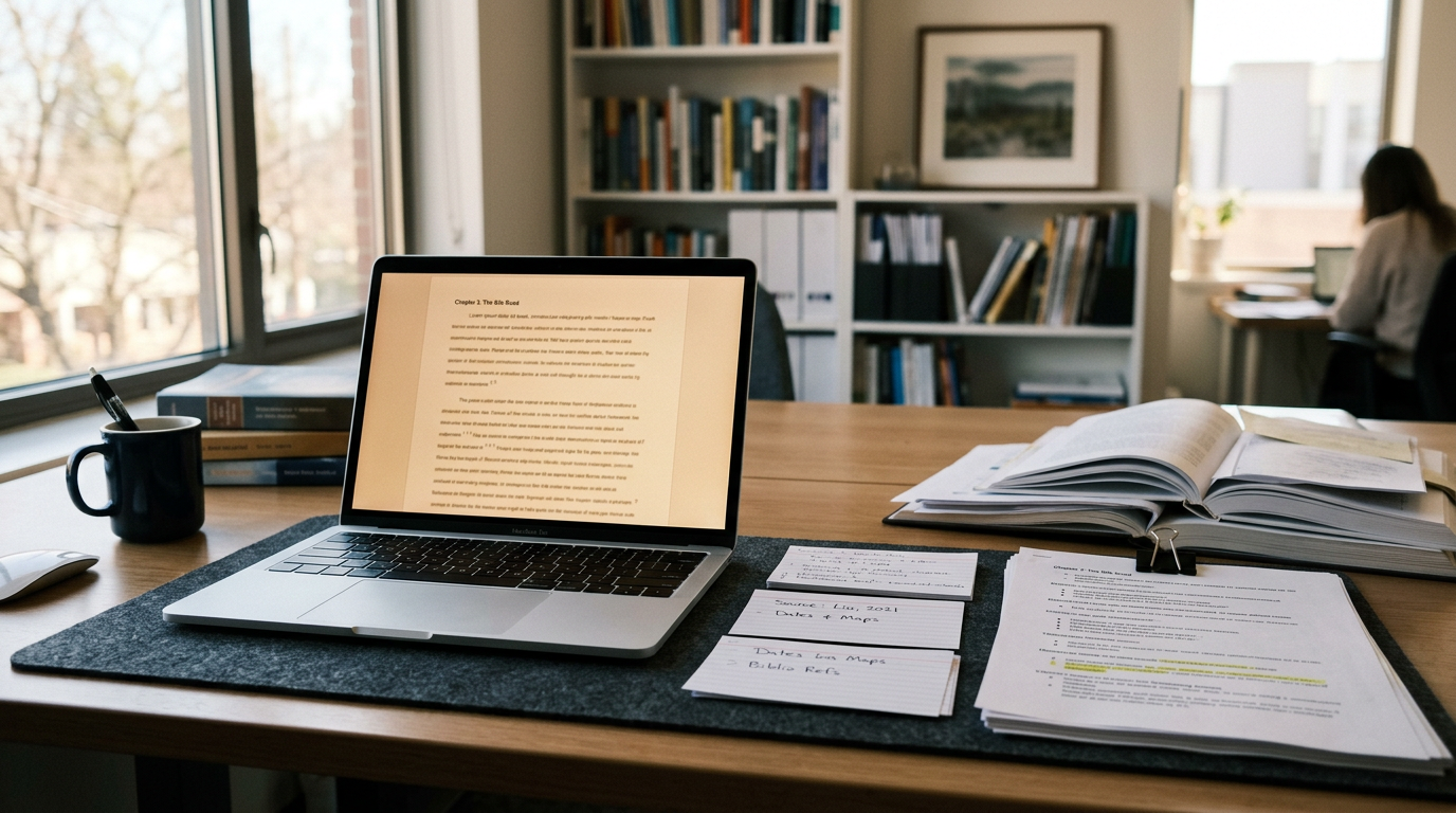 Laptop with a nonfiction manuscript beside organized research notes and citation cards on a writer’s desk.