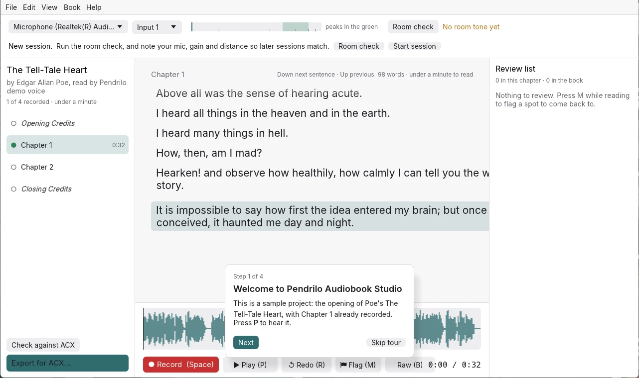 Audiobook Studio's recording screen: chapters down the left, the script in the middle one sentence per line with the current sentence highlighted, the review list on the right, the input meter across the top and the waveform with Record, Play, Redo and Flag buttons along the bottom.