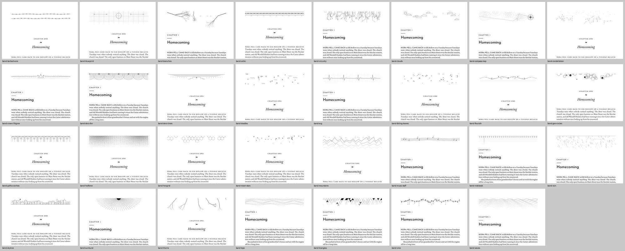Decorative header art for chapter openings: branches, constellations, circuitry, filigree and more.