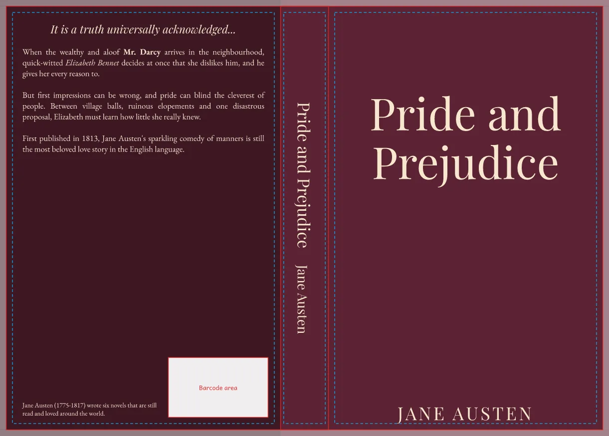 A full paperback cover for Pride and Prejudice: the back cover with a headline, blurb, author bio and the white barcode area on the left, the spine with the title and author in the middle, and the front cover on the right, with red trim and fold lines and dashed blue safe-area lines.