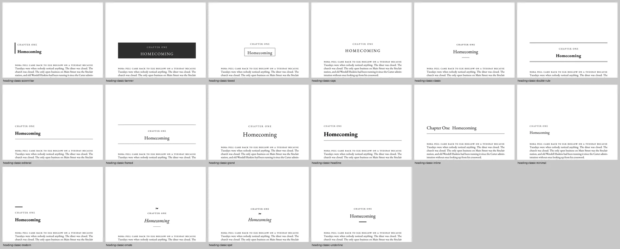 A row of chapter openings, each with a different heading style.