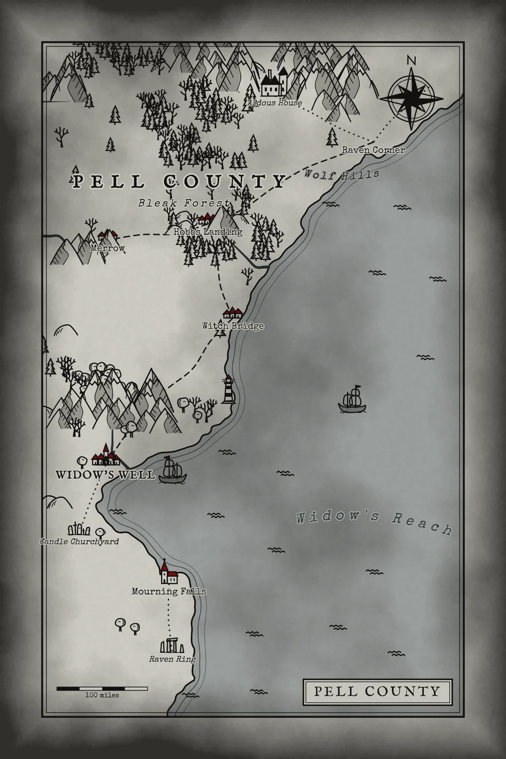 A bleak grey map of Pell County on a cold coast: dead trees, a churchyard, a farm, a lighthouse and a dark sea called Widow's Reach, with one town marked in red.
