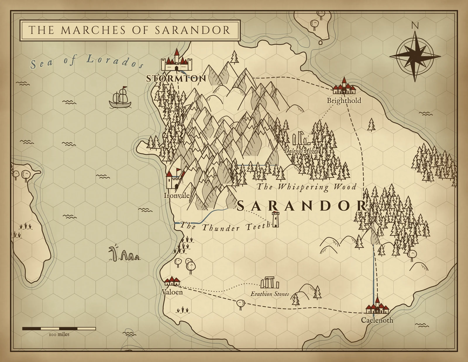 A sepia parchment map of Sarandor under a faint hex grid: a mountain range called the Thunder Teeth, a whispering wood, castles with red roofs, standing stones and a ship on the Sea of Lorados.