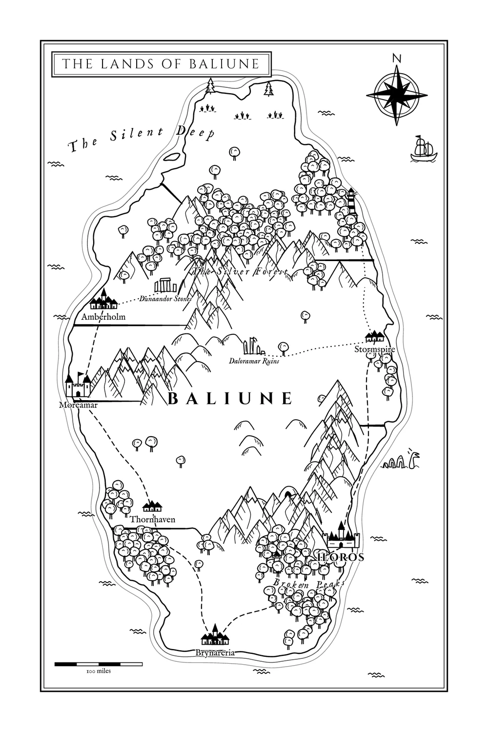A black-and-white map of an island called Baliune: mountain ranges, forests of round trees, rivers, dotted roads between towns and castles, a compass rose, a ship and a sea serpent, with the title in a box at the top left.