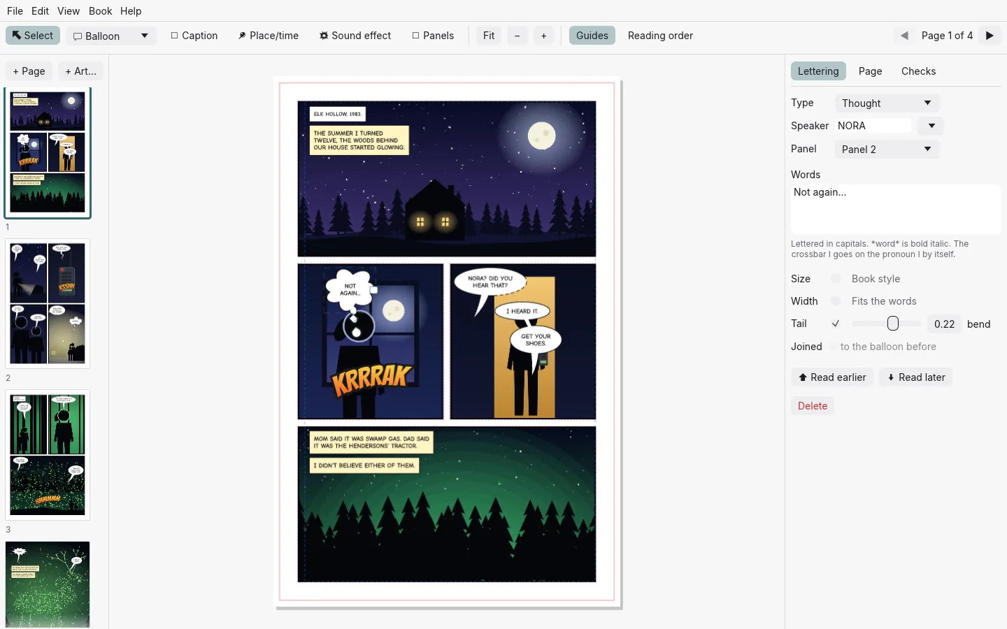Panelhouse's window: the page strip down the left, a lettered comic page in the middle with a moonlit cabin, a thought balloon, speech balloons, a KRRRAK sound effect and yellow captions, and the Lettering settings for the selected balloon on the right.