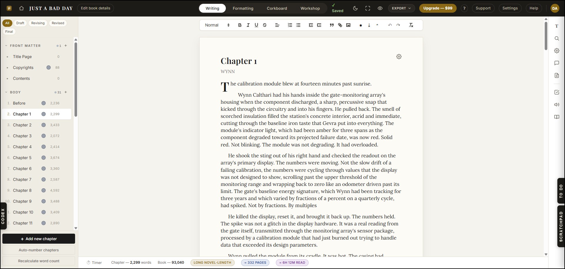 Pendrilo writing editor with the chapter list, Scratchpad, Codex, and To-do drawers