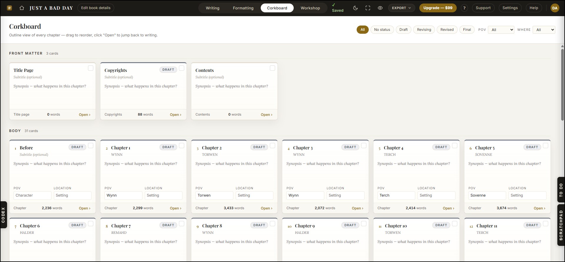 Corkboard view with draggable chapter cards for reordering a manuscript