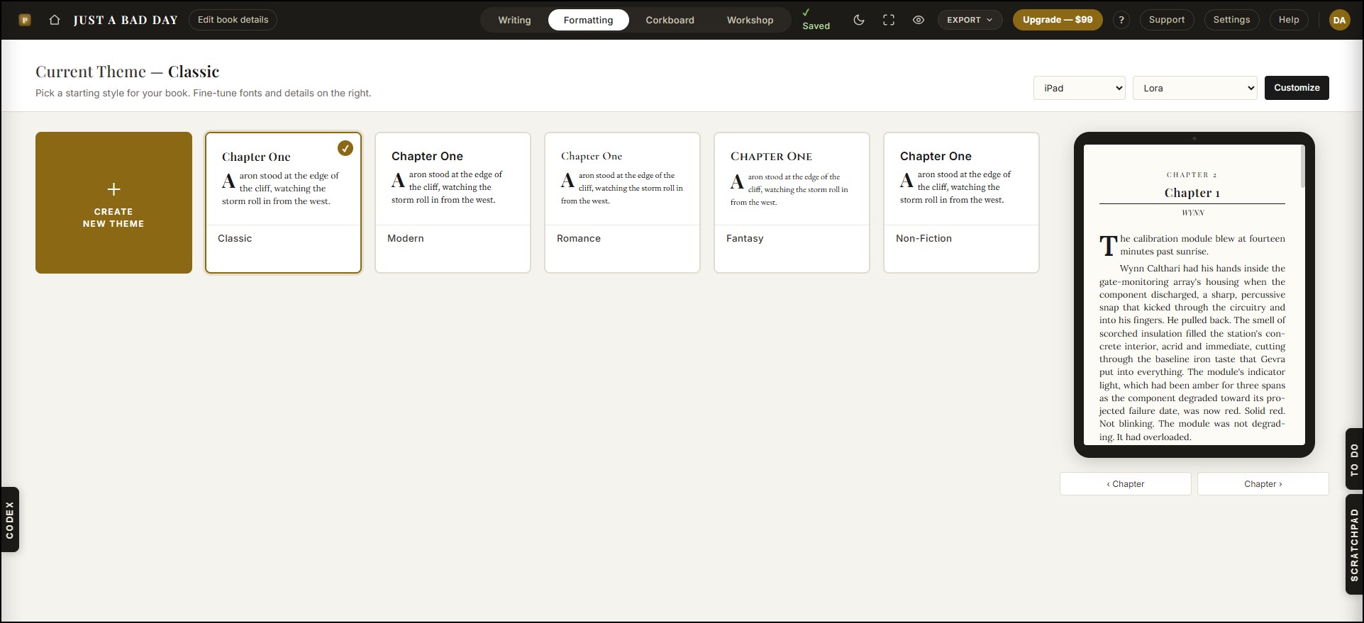 Formatting theme gallery with five theme cards and a live tablet preview of a styled chapter