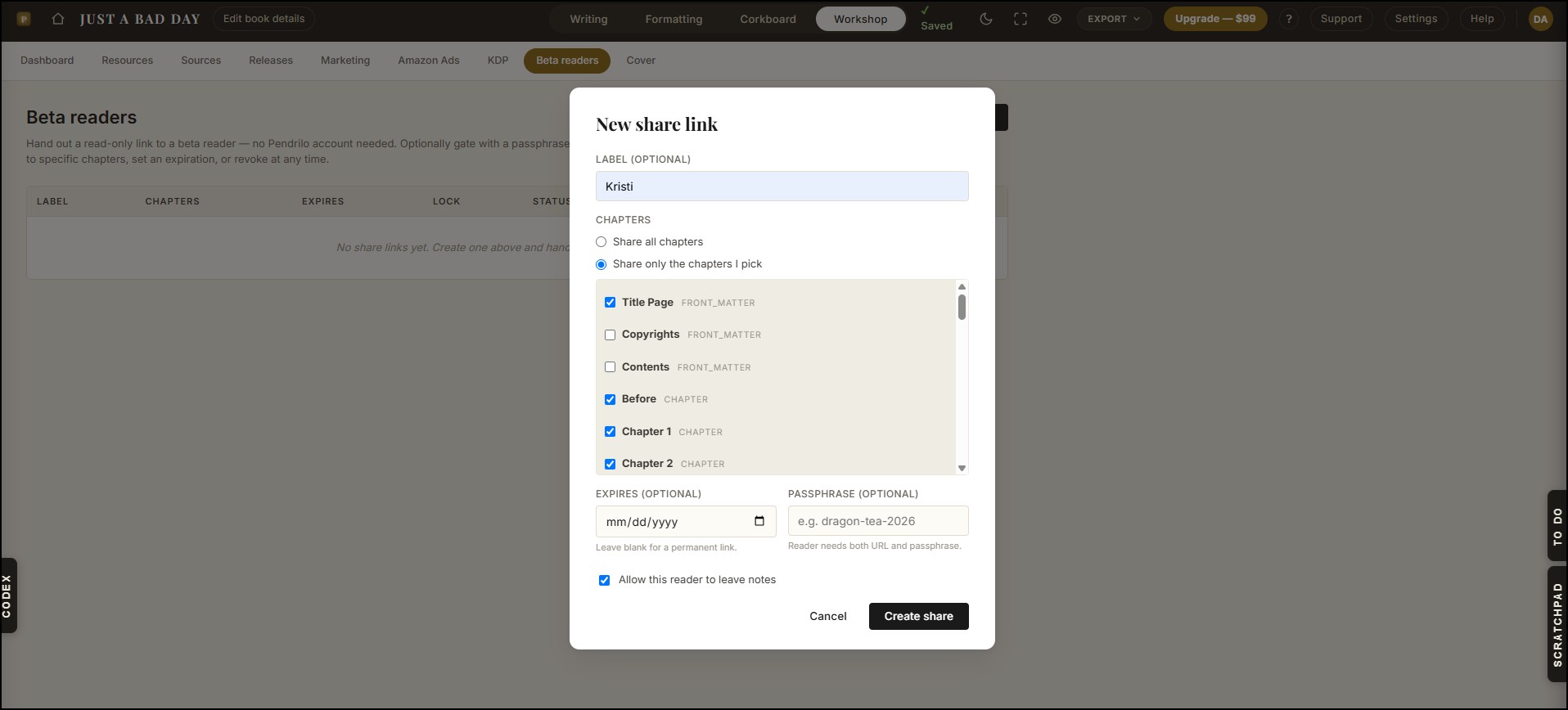 Beta-reader sharing view with inline reader comments beside a chapter