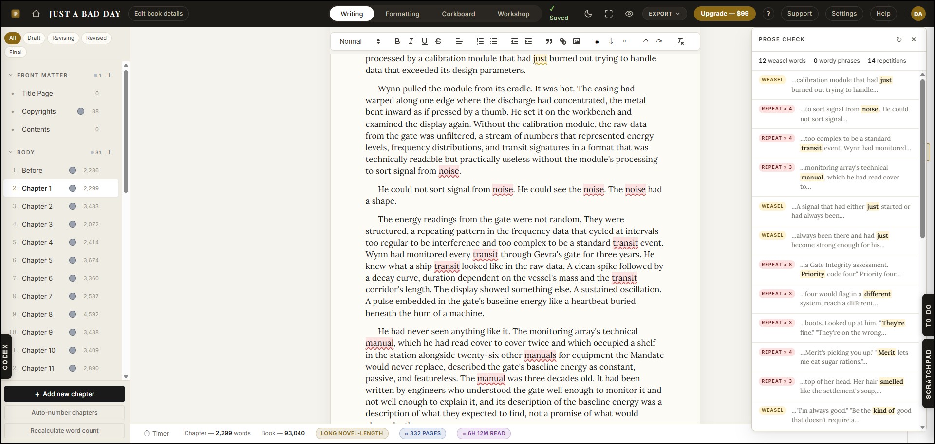 Prose Checker flagging weasel words and overused phrases in a manuscript