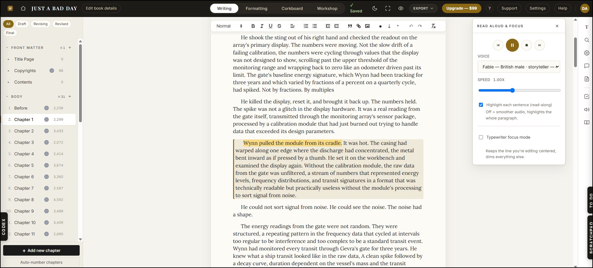 Read-aloud playback highlighting the current sentence in a chapter