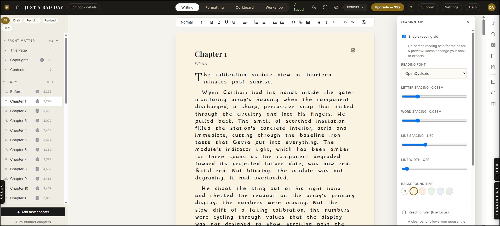 Reading Aid panel with the OpenDyslexic font selected and spacing sliders adjusted