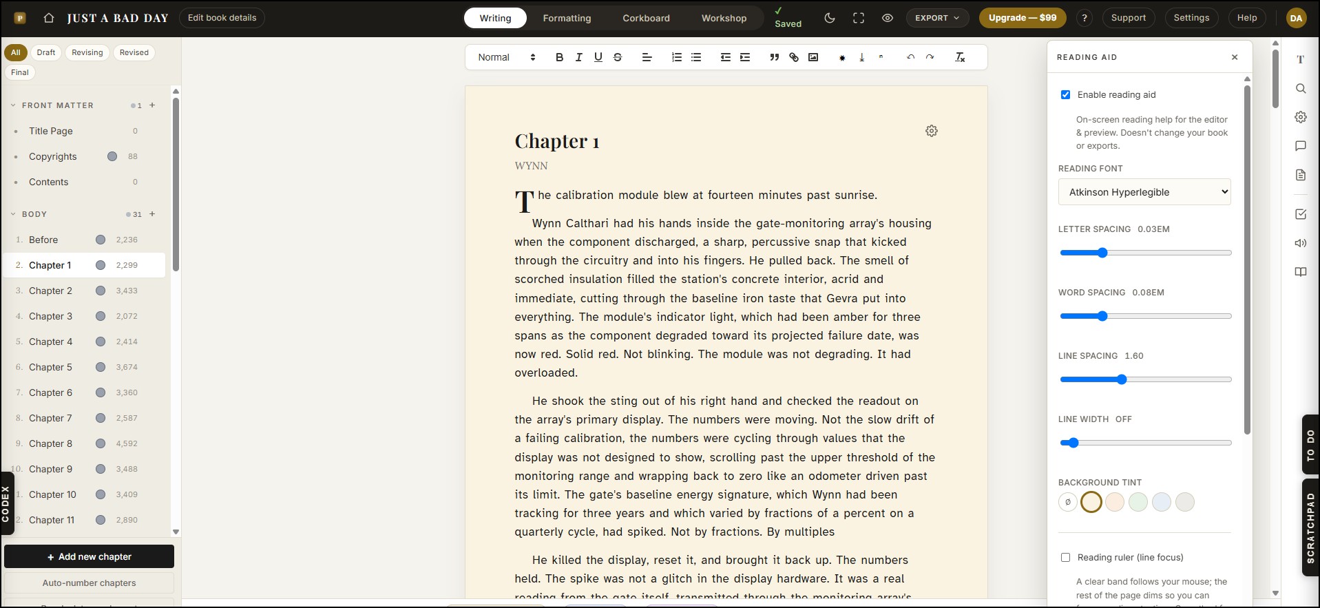 Reading Aid panel with the Atkinson Hyperlegible font selected