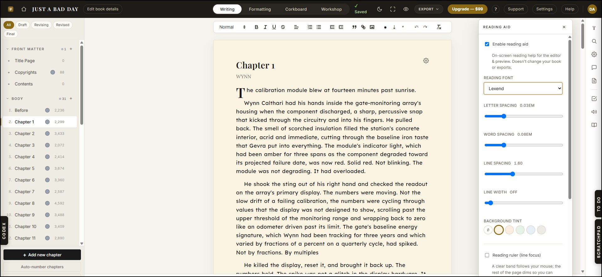 Reading Aid panel with the Lexend font selected and background tint swatches