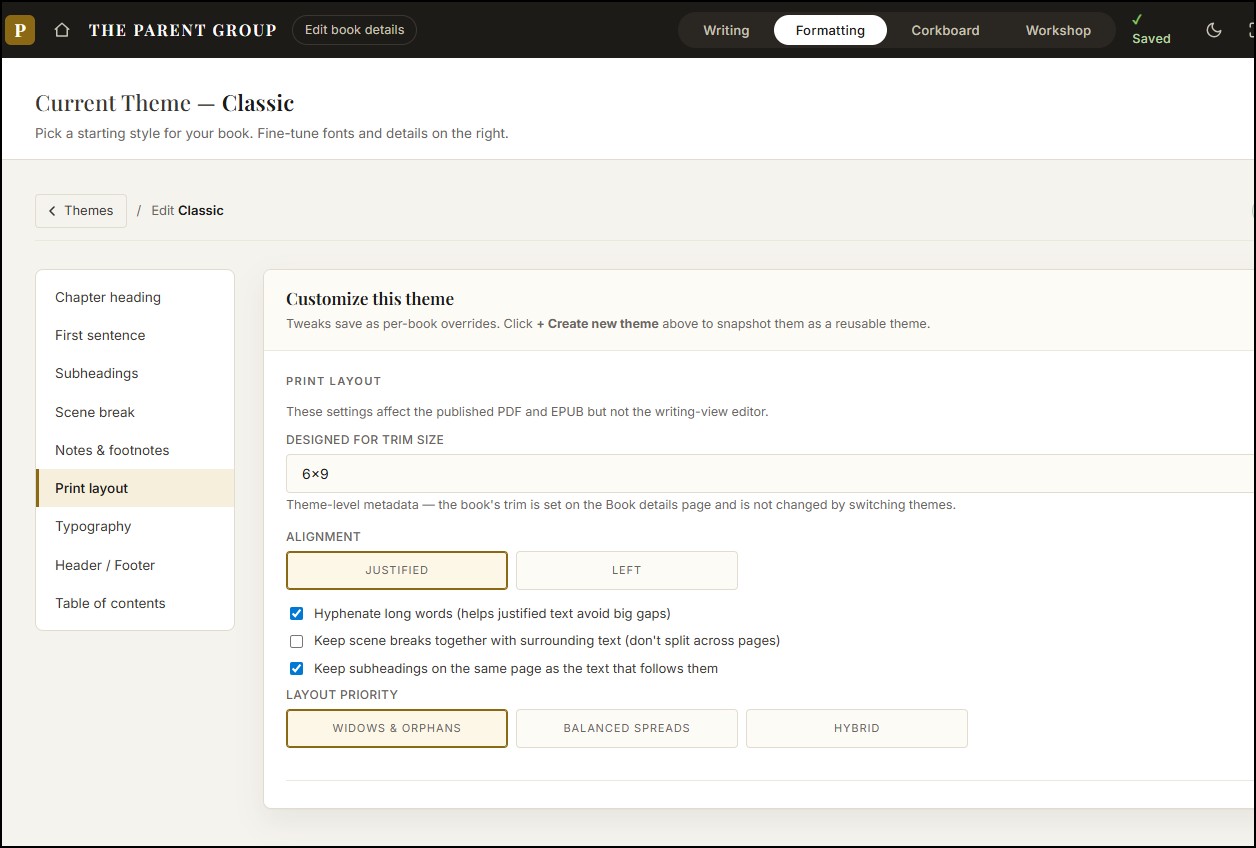 Theme customization panel showing print layout settings including trim size, alignment, and layout priority